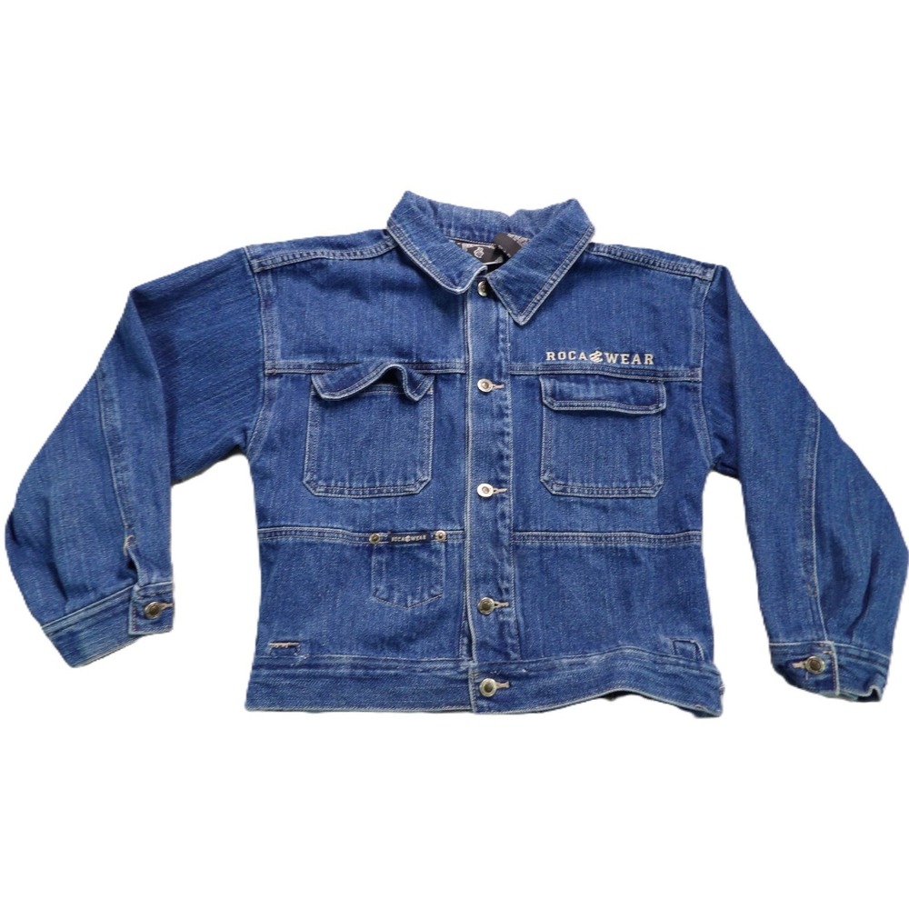 Rocawear Denim Trucker Jacket Boys L 14/16 Blue Jean Y2K Hip Hop Streetwear Logo